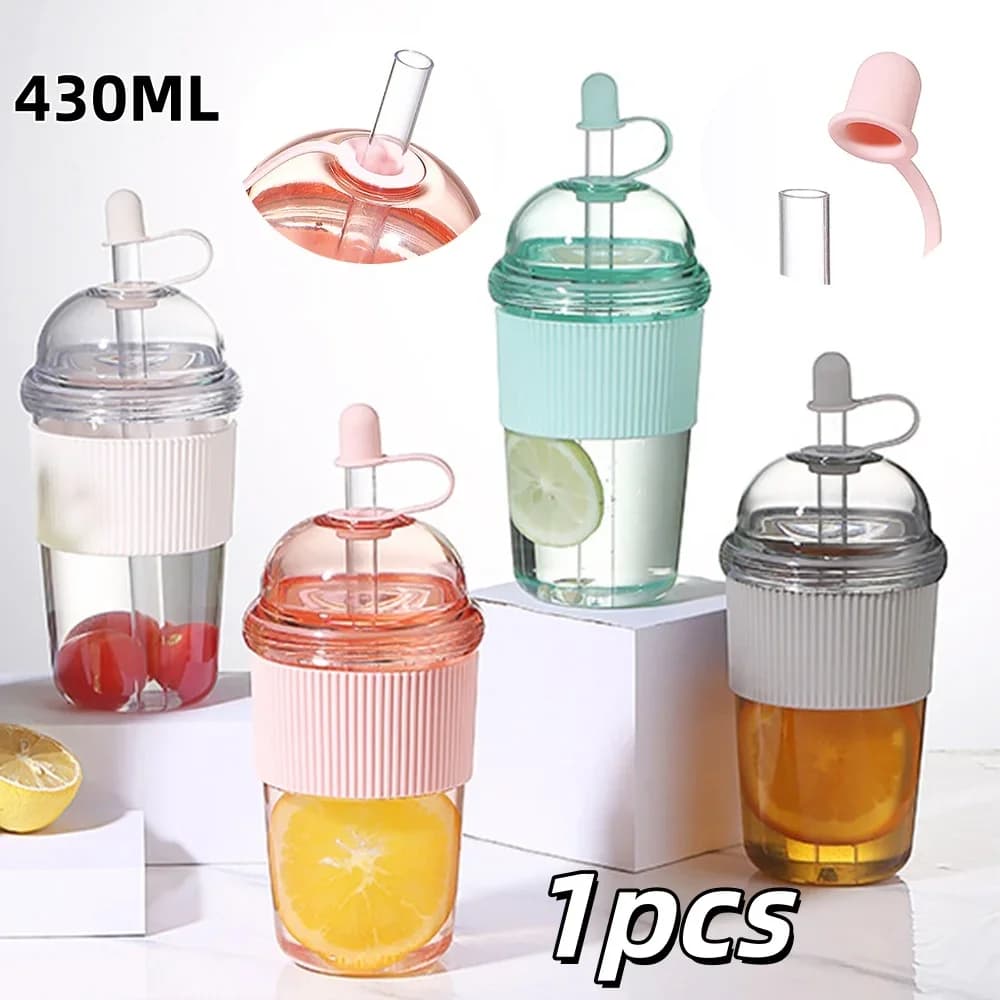 휴대용 플립 빨대컵 1개 430ml 플라스틱 감성 대용량 물병 차 커피 우유 내열 주스 젤리 컵