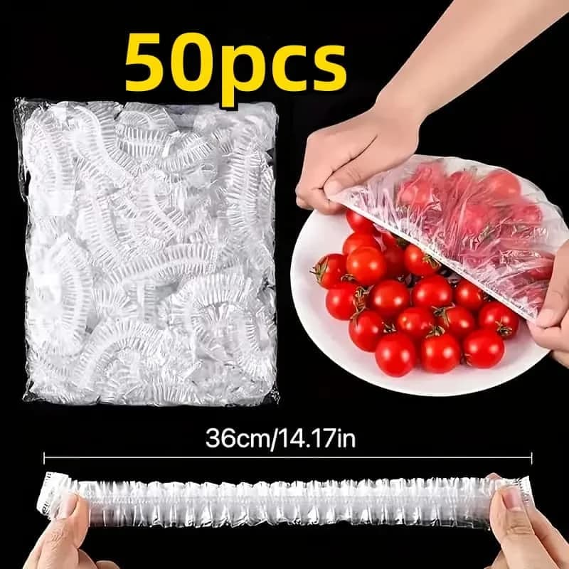 재사용 가능한 PE 밴딩 음식 덮개 50개입 - 빵, 과일, 간식용 신축성 플라스틱 랩 커버 | 투명 밀폐 덮개